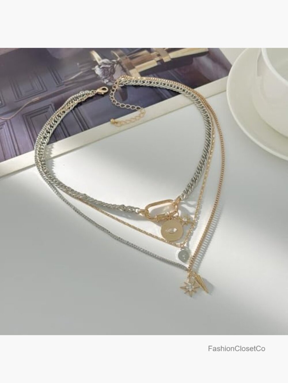 Mixed Metal Chunky Star & Evil Eye Layered Necklace - Picture 4 of 7